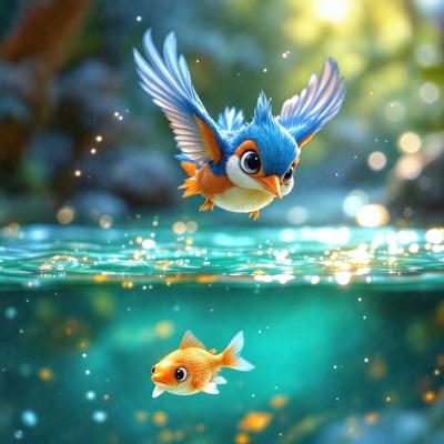 The primary subject of the image is a small bird, possibly a blue bird, flying over a body of water. The bird is surrounded by a vibrant blue color, which adds to the overall atmosphere of the scene. The setting appears to be a natural environment, with the bird flying above the water, possibly near a forest. The visual style of the image is a combination of photo and digital art, creating a unique and captivating scene.